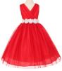 AkiDress Red V-Neck T-Length Dress for Little Girl with COLOR RIBBON