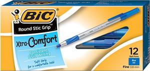 BIC Round Stic Grip Xtra Comfort Ball Pen, Fine Point (0.8 mm), Blue, 12-Count