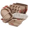 Khay đựng thực phẩm Rachael Ray 10-Piece Cucina Nonstick Bakeware Set, Latte Brown with Cranberry Red Handle