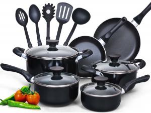 Bộ xoong chảo Cook N Home 15 Piece Non stick Black Soft handle Cookware Set