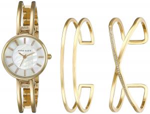 Bộ đồng hồ lắc tay Anne Klein Women's AK/2236GBST Swarovski Crystal-Accented Gold-Tone Open-Bangle Watch and Bracelet Set