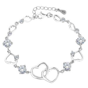Vòng tay EleQueen 925 Sterling Silver Round CZ Double Love Heart Link Bracelet Rhodium Plated, 6.5