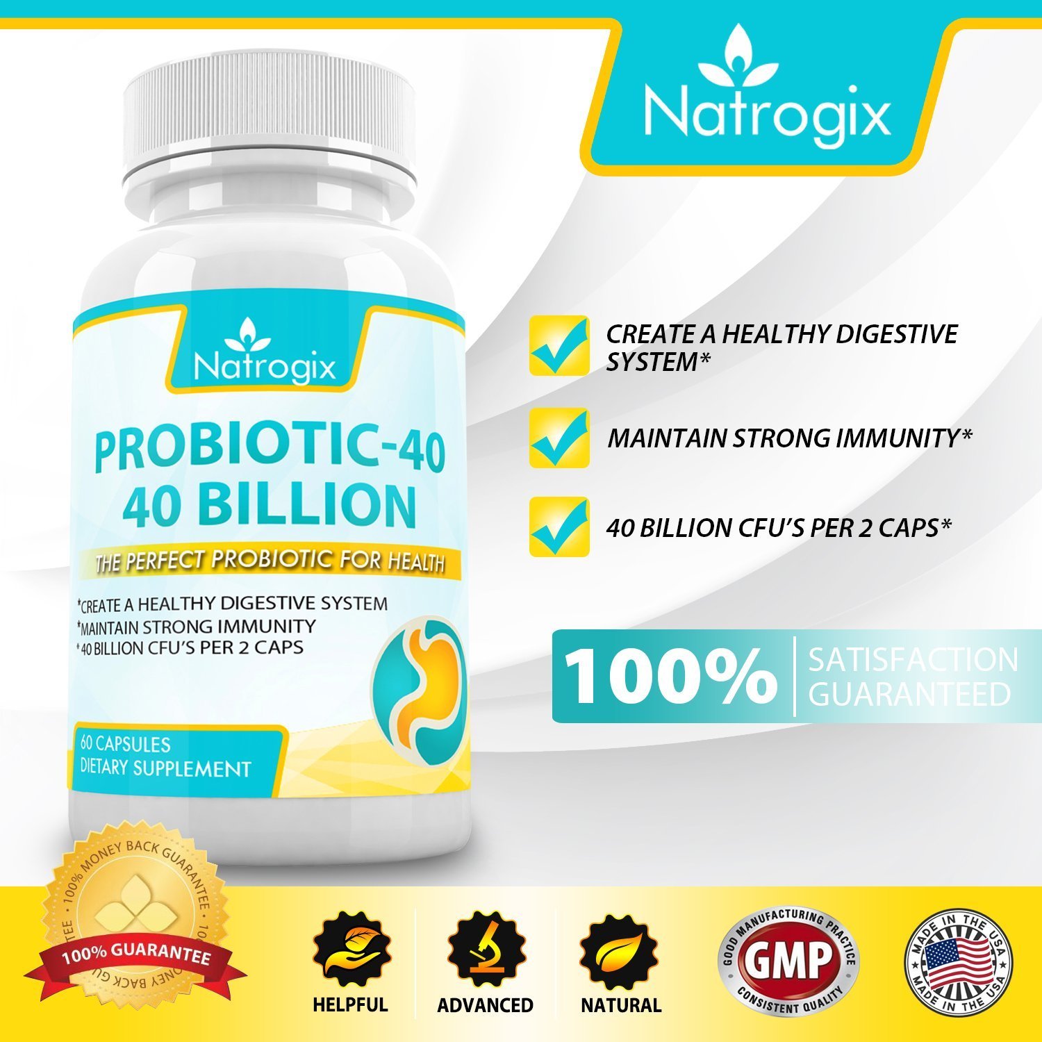 40 Billion CFUs Organic Live Probiotics Digestive Aids with Multiple