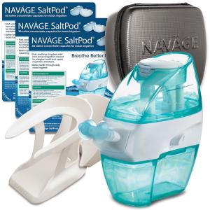 Hỗ trợ điều trị xoang Naväge Nasal Irrigation Deluxe Bundle: 1 Navage Nose Cleaner, 3 SaltPod® 30-Packs (90 SaltPods), 1 Countertop Caddy, and 1 Travel Case. $175.70 if purchased separately