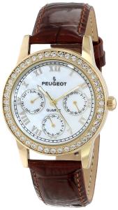 Đồng hổ Peugeot Women's 3025 Gold-Tone Swarovski Crystal Accented Multi-Function Brown Leather Strap Watch