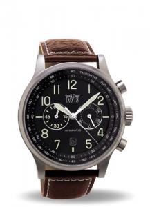 Davis 1021-Mens Aviator Watch 42mm-Waterresist 50M-Chronograph-Black Dial-Date-Brown Leather strap