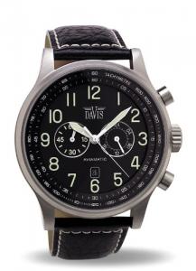 Davis 0450 - Mens Aviator Watch Chronograph Waterresist 50M Black Dial Date Black Leather Strap