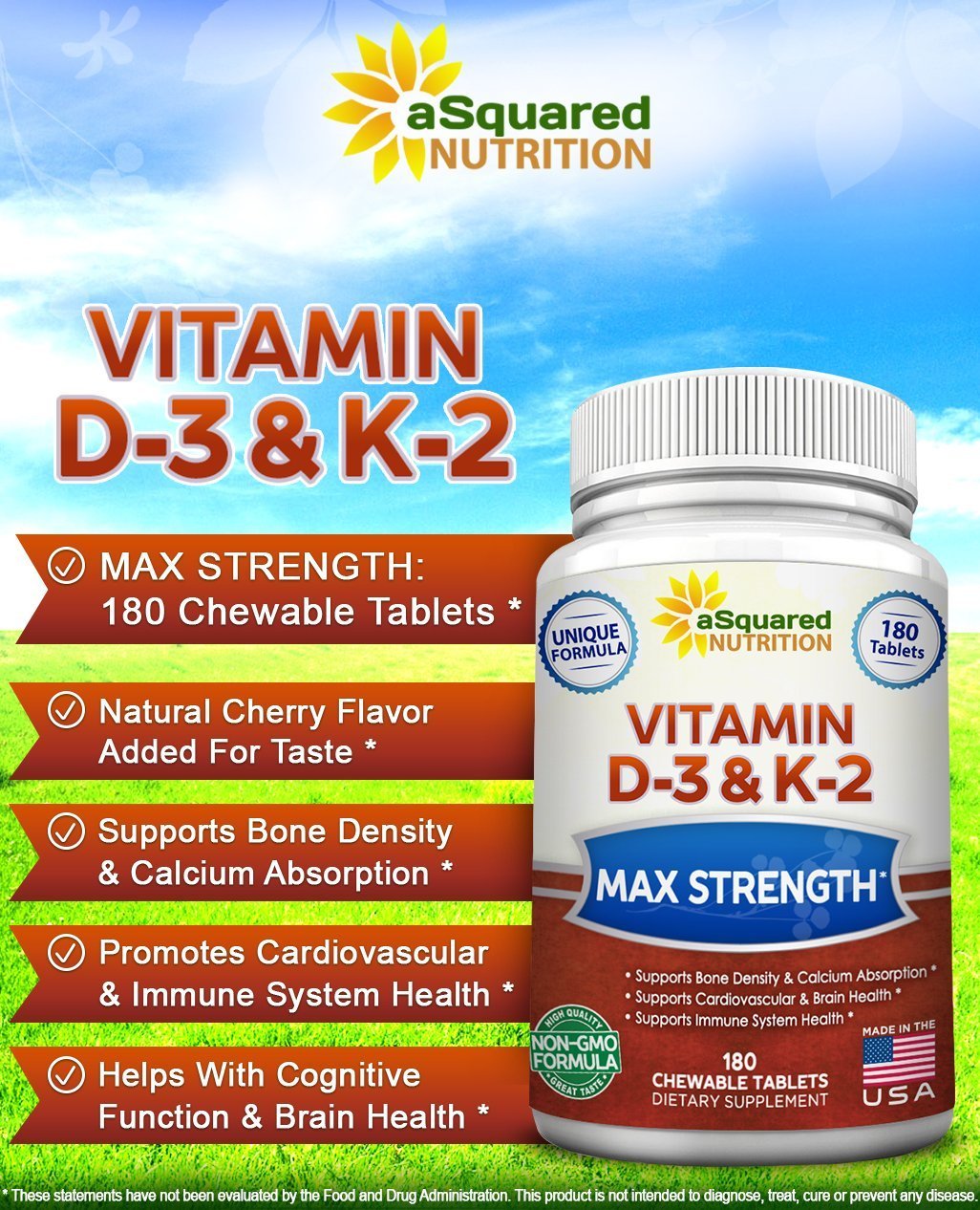 Vitamin D3 with K2 Supplement 180 Chewable Tablets, Max Strength D3