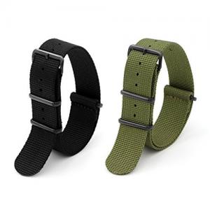 2pc 22mm Nato Ss Nylon Striped Black,army Green Interchangeable Replacement Pebble Lg Watch Band