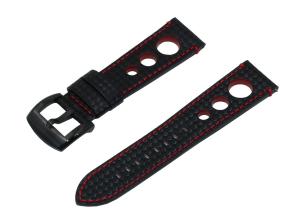 20mm Black & Red Carbon Fiber Embossed Rally Style Watch Band With Brushed Black Stainless Steel Buckle