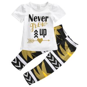 Little Girls "Never Grow Up" T-shirt and Maple Leaves Pants Outfit