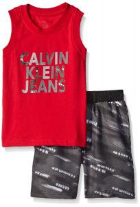 Calvin Klein Little Boys' 2 Piece Swim Set Tank Top and Printed Short, Red, 4T