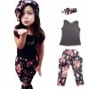 Little Girls' 3 Pieces Outfit Set Black Tank Top, Flowers Prints Leggings, Headband