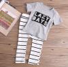 Baby Toddler 2 Pcs Letter Cotton Shirt + Striped Pants Set Outfit Casual Suit