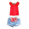 BOBORA Kids Girls Ruffled Sleeves T-shirt+ Bow-knot Jeans Pants Outfits Red