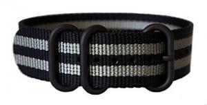 Zulu G10 Ballistic Nylon Nato Military Watch Strap 3 Ring PVD - Bond Stripe Black and Grey 22mm