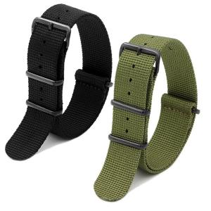 2pc 20mm Nato Nylon Strap Black , Army Green Replacement Watch Strap Band-Black Pvd Buckle