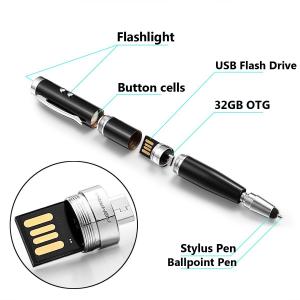 Pomarks 5in1 Multi-function Business Pen, 32GB USB OTG Flash Drive, Stylus Pen & Ballpoint Pen & FlashLight, Perfect for Android Smartphone and Tablet (Deep Black)