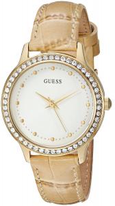GUESS Women's U0648L3 Classic Feminine Gold-Tone Watch with Tan Genuine Leather Strap