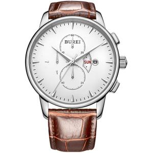 BUREI Men's Wrist Watches with Day Date Chronograph Brown Leather Strap