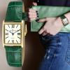 Peugeot Women's 14K Gold Plated Tank Roman Numeral Green Leather Band Watch 3036GR