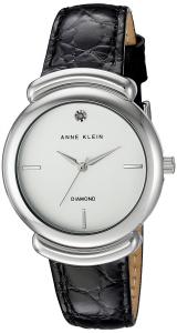 Anne Klein Women's AK/2359SVBK Diamond-Accented Silver-Tone and Black Crocro-Grain Leather Strap Watch