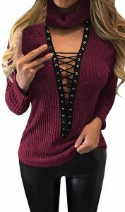 Imily Bela Women's Mock Neck Lace Up Knitted Wear Sweater Pullover Tops