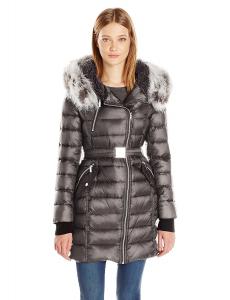 French Connection Women's Down Coat with Belt and Sherpa Lined Faux Fur Hood