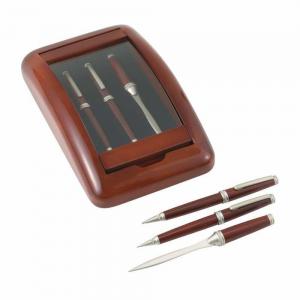 BF Systems Alex Navarre 3 Piece Pen, Pencil and Letter Opener in a Wood and Glass Case