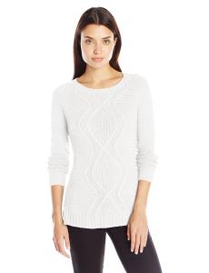 Notations Women's Long Sleeve Crew Neck Mix Stitch Cable Pullover Sweater, Innocence, S