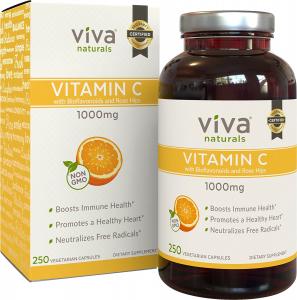 Viva Naturals Premium Non-GMO Vitamin C with Bioflavonoids and Rose Hips, 1000mg, 250 Veg Caps