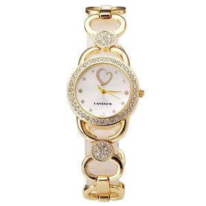 Top Plaza Fashion Women Girls Heart Pattern Case Crystal Dial White Face Golden Band Analog Quartz Metal Bracelet Wrist Watch