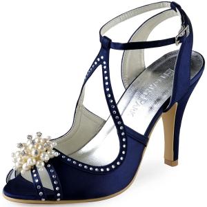 ElegantPark Women Peep Toe High Heel Pearls Rhinestones Strap Satin Evening Wedding Sandals