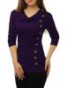 Allegra K Women Cowl Neck Long Sleeves Buttons Decor Ruched Top