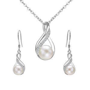 EleQueen 925 Sterling Silver CZ Cream Freshwater Cultured Pearl Infinity Bridal Necklace Hook Earrings Set Clear_Buy 1 get 25% OFF