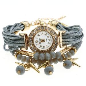 Top Plaza Ethnic Style Womens Wrap Around Watch Rhinestone Beaded Charm Layer Quartz Bracelet Watch-Grey