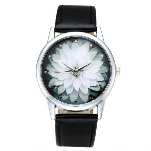 Top Plaza Black and White Lotus Flower Elegant Women Fashion PU Leather Band Analog Quartz Wrist Watch-Black