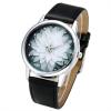 Top Plaza Black and White Lotus Flower Elegant Women Fashion PU Leather Band Analog Quartz Wrist Watch-Black