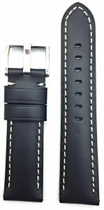 22mm, Black Smooth Leather, Panerai Style, White Stitches Watch Band