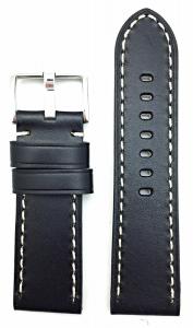 26mm, Black Leather, Panerai Style, Thick White Stitches Watch Band
