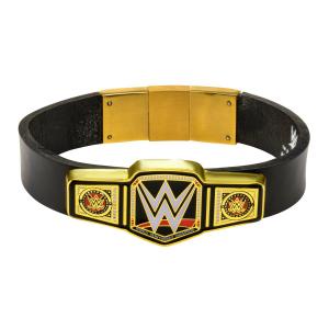 WWE Jewelry Championship Belt Logo in Black Leather Men's Bracelet, 8.5"