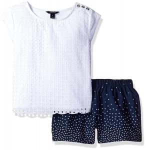 Nautica Girls' Knit Top with Scallop Edge Detail and Dot Woven Short Set