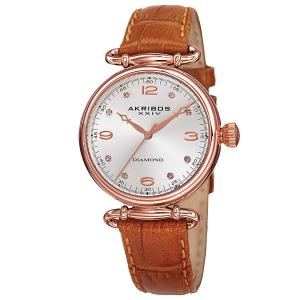 Akribos XXIV Women's AK878BR Round Rose Gold Dial Three Hand Quartz Brown Leather Strap Watch