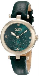 Burgi Women's BUR128GN Diamond Accented Flower Dial Yellow Gold & Green Leather Strap Watch