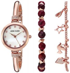Anne Klein Women's AK/2840RJAS Swarovski Crystal Accented Rose Gold-Tone Bangle Watch and Red Jasper Beaded Bracelet Set