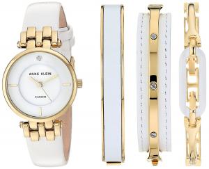 Anne Klein Women's AK/2684WTST Diamond-Accented Gold-Tone and White Leather Strap Watch and Bangle Set