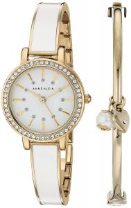 Anne Klein Women's AK/2364WTST Swarovski Crystal Accented Gold-Tone and White Watch and Bangle Set