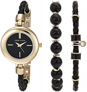 Anne Klein Women's AK/2766ONYX Gold-Tone and Black Leather Watch and Bracelet Set