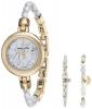 Anne Klein Women's AK/2766HLTE Gold-Tone and White Leather Watch and Bracelet Set