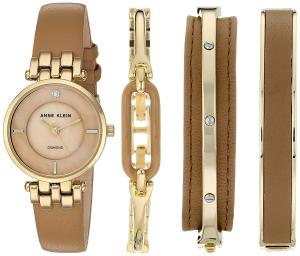 Anne Klein Women's AK/2684DTST Diamond-Accented Gold-Tone and Dark Tan Leather Strap Watch and Bracelet Set